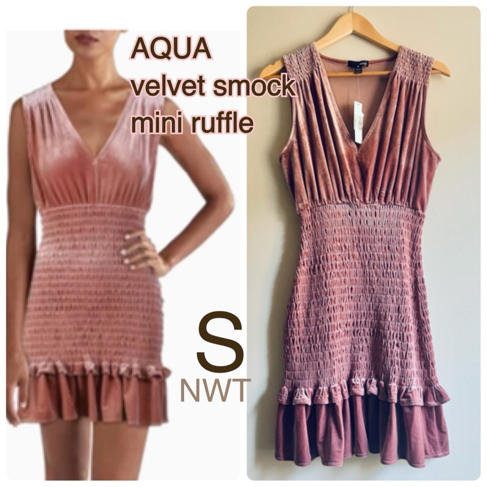 NWT blush pink velvet smocked ruffle V neck empire waist scrunch S